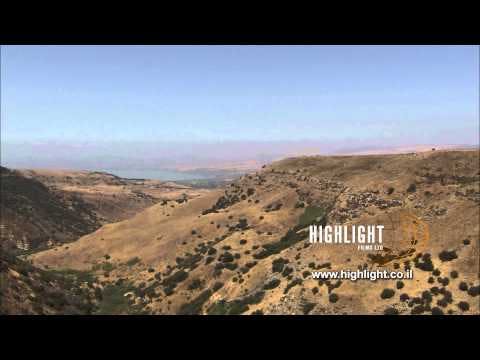 LN 093 Israel stock footage library: Pan left over Golan mountains with Sea of Galilee in background